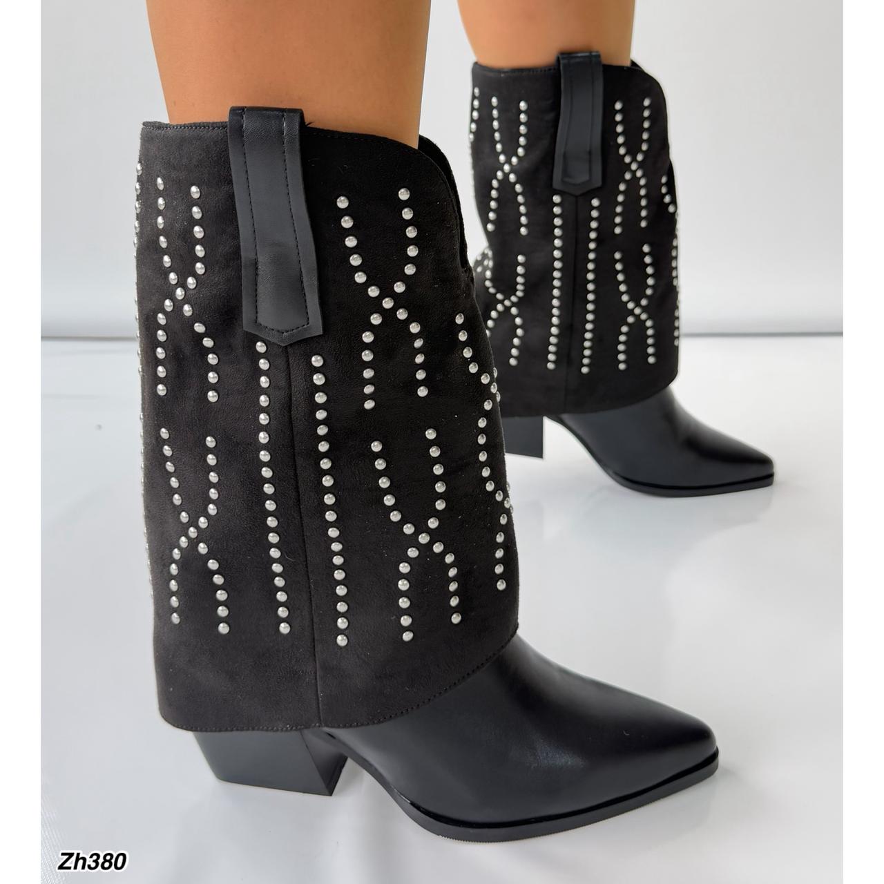 Bota texana negro doblez apliques plateado tacon 8cm HX3108-C1297